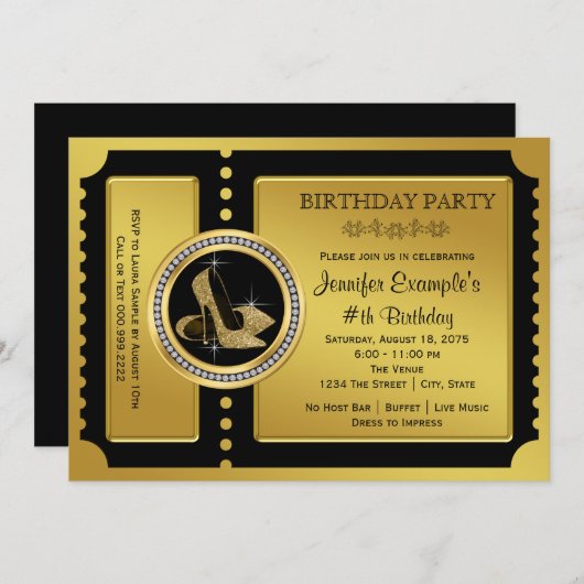 Birthday Party mit Gold High Heel Shoe Einladung (Vorne/Hinten)