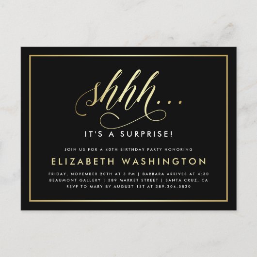 Birthday Party mit Gold und Schwarz Einladungspostkarte (Vorderseite)