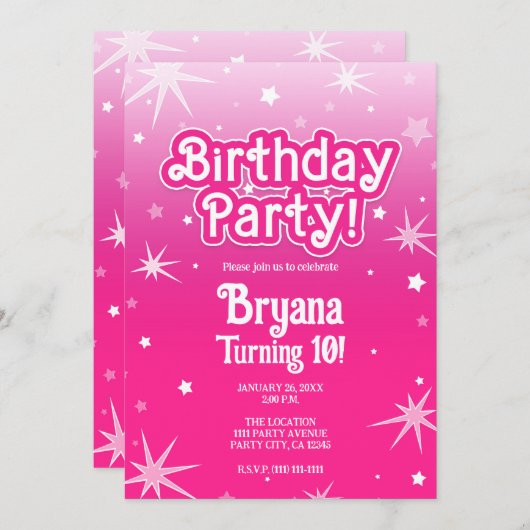 Birthday Party mit hellen und heißen rosa Sparkeln Einladung (Vorne/Hinten)