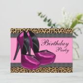Birthday Party mit High Heels & Hot Pink Leopard Einladung (Stehend Vorderseite)