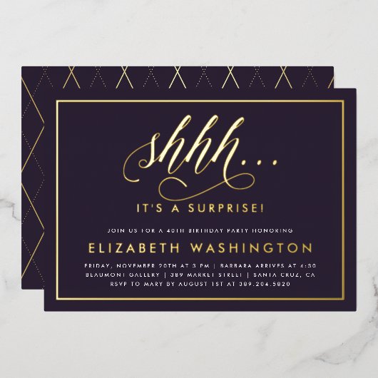Birthday Party mit Lila Gold und Überraschung Folieneinladung (Vorderseite/Rückseite)
