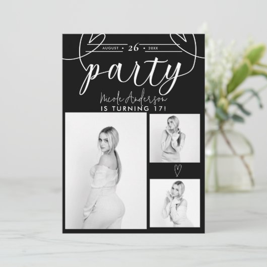 Birthday Party mit modernem Herz, Schwarz und Weiß (Stehend Vorderseite)