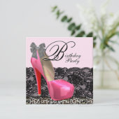 Birthday Party mit rosa Leoparden Schuhen Einladung (Stehend Vorderseite)
