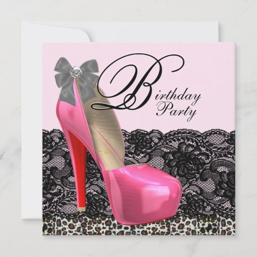 Birthday Party mit rosa Leoparden Schuhen Einladung (Vorderseite)