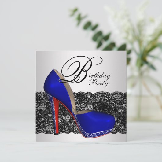 Birthday Party mit Schwarz und Blau High Heel Shoe Einladung (Stehend Vorderseite)