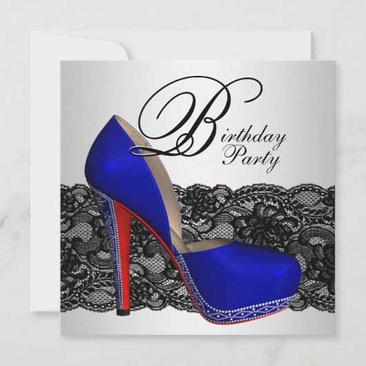 Birthday Party mit Schwarz und Blau High Heel Shoe Einladung (Vorderseite)