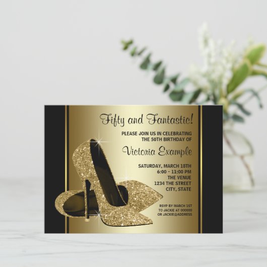 Birthday Party mit schwarzen Gold High Heels Einladung (Stehend Vorderseite)