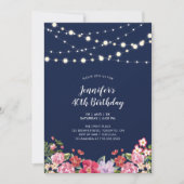 Birthday Party mit String Lights & Navy Floral Adu Einladung (Vorderseite)