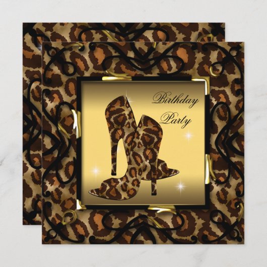 Birthday Party mit Wild Gold Leopard High Heel Sho Einladung (Vorne/Hinten)