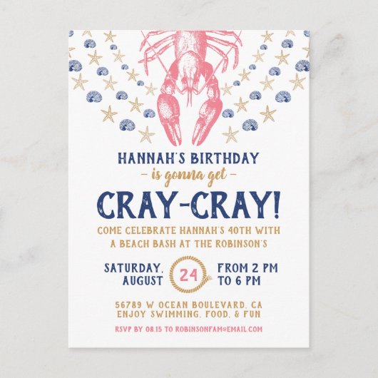 Birthday Party Nautical Beach Crayfish Cornavy Einladungspostkarte (Vorderseite)