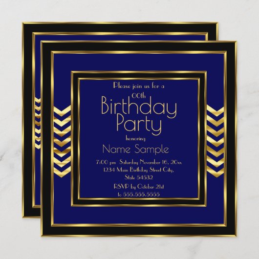 Birthday Party Navy Blue Black Gold Art Deco Einladung (Vorne/Hinten)