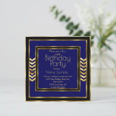 Birthday Party Navy Blue Black Gold Art Deco Einladung (Stehend Vorderseite)