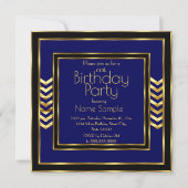 Birthday Party Navy Blue Black Gold Art Deco Einladung (Vorderseite)