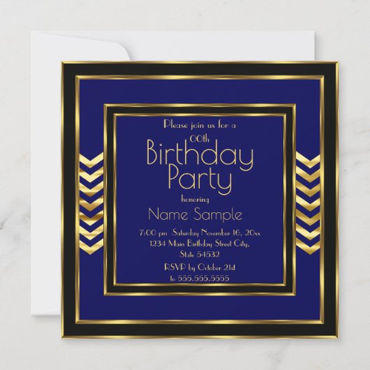 Birthday Party Navy Blue Black Gold Art Deco Einladung (Vorderseite)