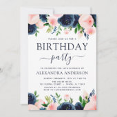 Birthday Party Navy Blue Blush Pink Blues Einladung (Vorderseite)