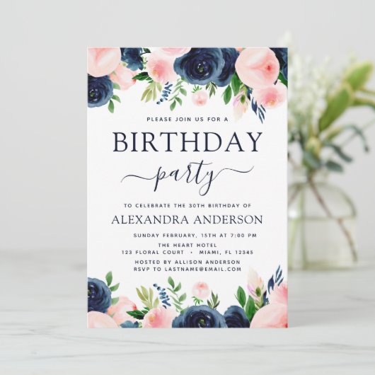 Birthday Party Navy Blue Blush Pink Blues Einladung (Stehend Vorderseite)