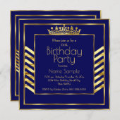 Birthday Party Navy Blue Gold Crown Art Deco Einladung (Vorne/Hinten)