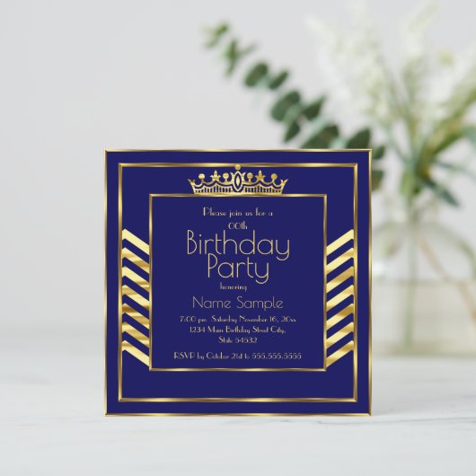 Birthday Party Navy Blue Gold Crown Art Deco Einladung (Stehend Vorderseite)