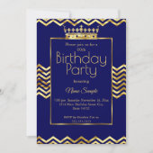 Birthday Party Navy Blue Gold Crown Zickzack Einladung (Vorderseite)
