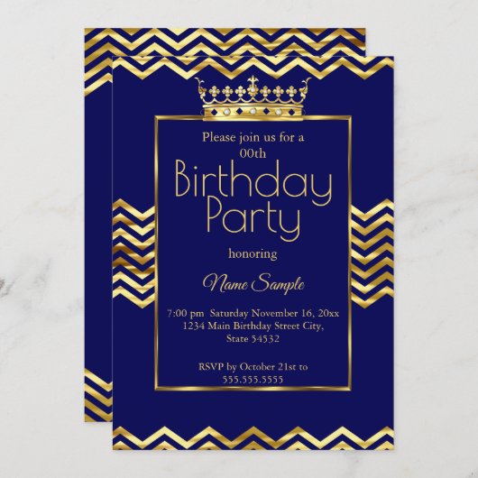 Birthday Party Navy Blue Gold Crown Zickzack Einladung (Vorne/Hinten)