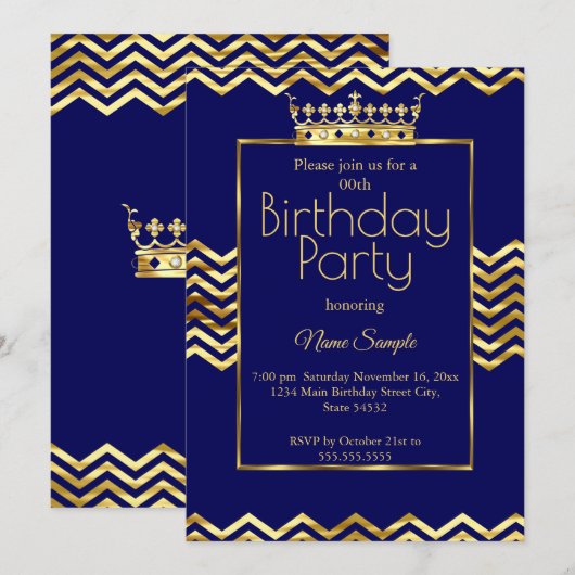 Birthday Party Navy Blue Gold Crown Zickzack Einladung (Vorne/Hinten)