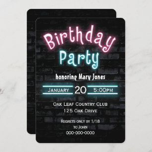 Birthday Party Neon Glow Sign auf Brick Wall Einladung