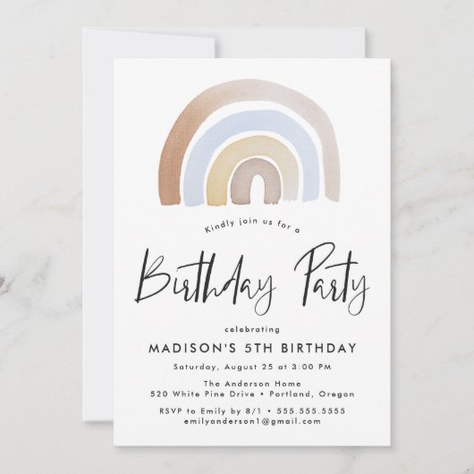 Birthday Party niedlich Blue and Brown Rainbow Einladung (Vorderseite)
