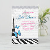 Birthday Party Paris Card Eiffel Tower Butterfly G Einladung (Stehend Vorderseite)