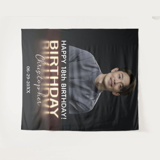 Birthday Party Personalisiert Foto Neon Gold Light Wandteppich (Vorderseite (Horizontal))