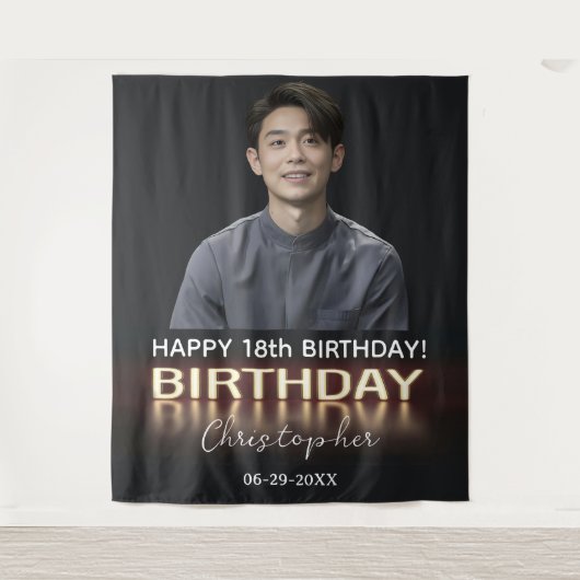 Birthday Party Personalisiert Foto Neon Gold Light Wandteppich (Vorderseite)