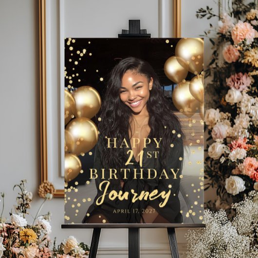 Birthday party photo gold balloons welcome poster