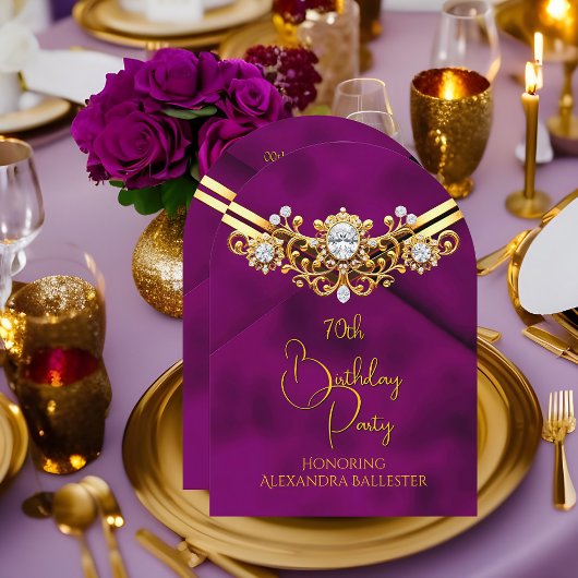 Birthday Party Plum Faux Velvet Gold Diamonds Gems Einladung