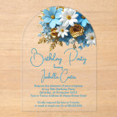 Birthday Party Powder Blue Gold White Floral Acryleinladungen (Vorderseite)