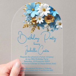Birthday Party Powder Blue Gold White Floral Acryleinladungen