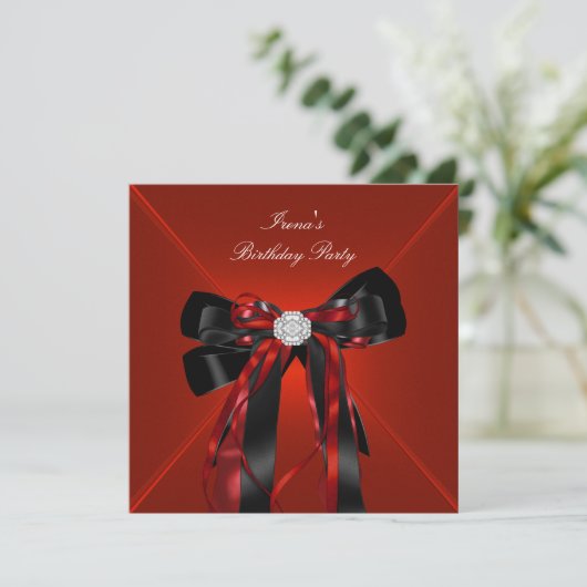 Birthday Party Red Black Jewel Bow Einladung (Stehend Vorderseite)