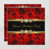 Birthday Party Red Damask Gold Black Diamond Einladung (Vorne/Hinten)