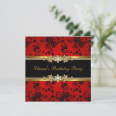 Birthday Party Red Damask Gold Black Diamond Einladung (Stehend Vorderseite)