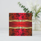 Birthday Party Red Damask Gold Black Einladung (Stehend Vorderseite)