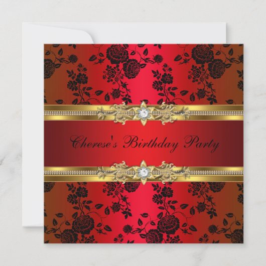 Birthday Party Red Damask Gold Black Einladung (Vorderseite)