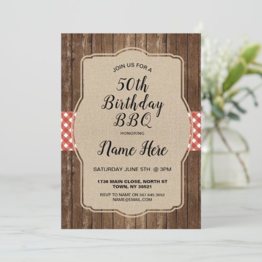Birthday Party Red Gingham Burlap GRILLEN Invite Einladung (Stehend Vorderseite)