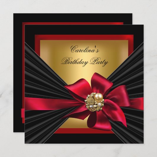 Birthday Party Red Gold Black Bow Jewel Einladung (Vorne/Hinten)