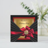 Birthday Party Red Gold Black Bow Jewel Einladung (Stehend Vorderseite)