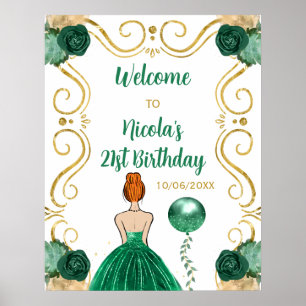 Birthday Party Red Hair Princess Green Willkommen Poster