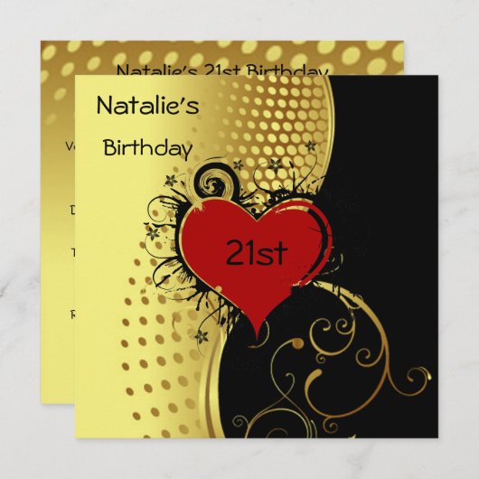 Birthday Party Red Heart Gold und Black Einladung (Vorne/Hinten)