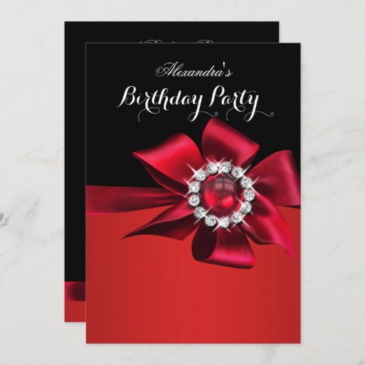 Birthday Party Red Pearl Diamond Bow Einladung (Vorne/Hinten)