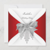 Birthday Party Red Silver White Diamond Bow Einladung (Vorderseite)