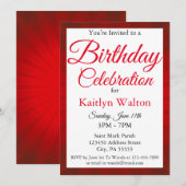 Birthday Party Red Sunburst Script Einladung (Vorne/Hinten)