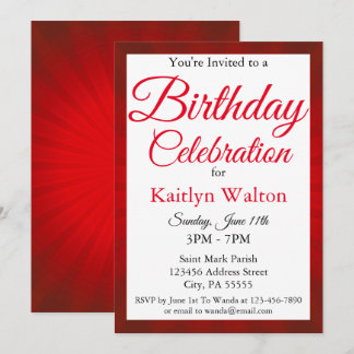Birthday Party Red Sunburst Script Einladung