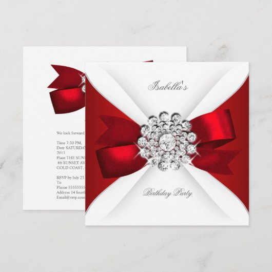 Birthday Party Red White Diamond Red Bow Einladung (Vorne/Hinten)