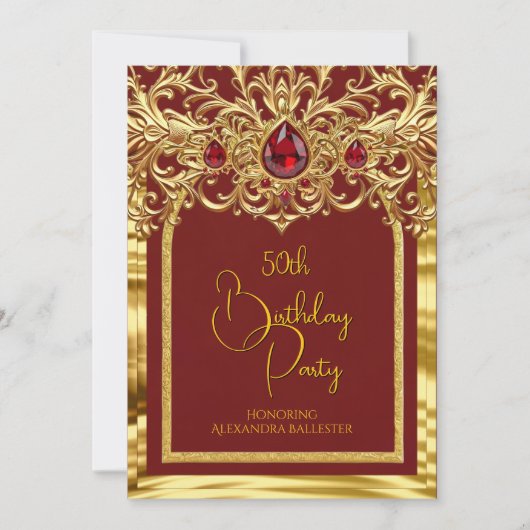 Birthday Party Regal Red Gold Lace Diamonds Gems Einladung (Vorderseite)